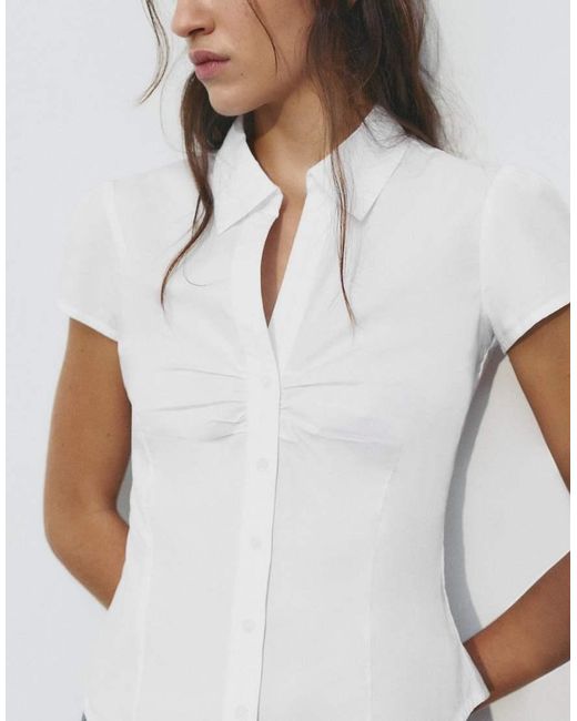 Pull&Bear Blue Gathered Short Sleeve Shirt