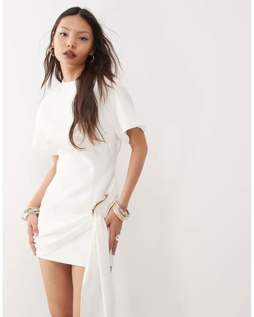 Lioness White Martini Structured High Neck Drape Waist Metal Hardware Detail Mini Dress