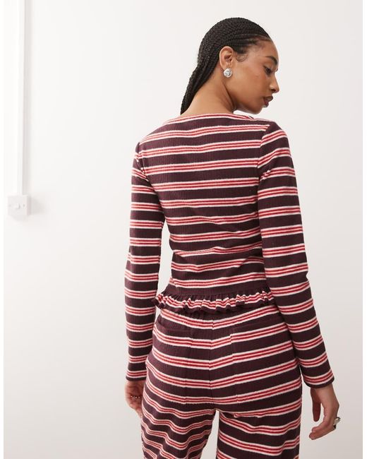 Reclaimed Vintage Red Henley Long Sleeve Top With Frill Hem Co-ord