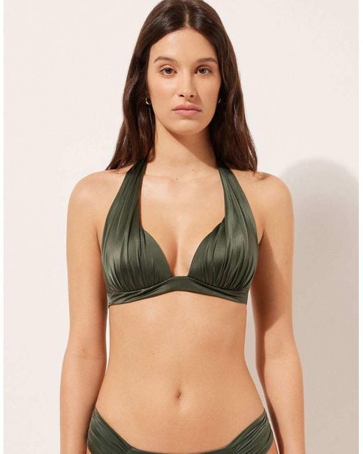 Calzedonia Brown Calzendonia Padded Triangle Bikini Top Shiny Satin