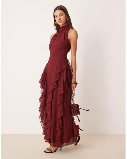 LACE & BEADS Red Backless Ruffle Maxi Dress