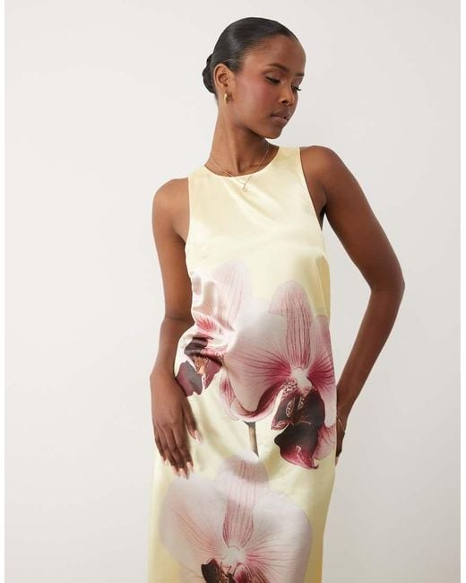 Y.A.S Natural Placement Orchid Print Satin Racer Maxi Dress