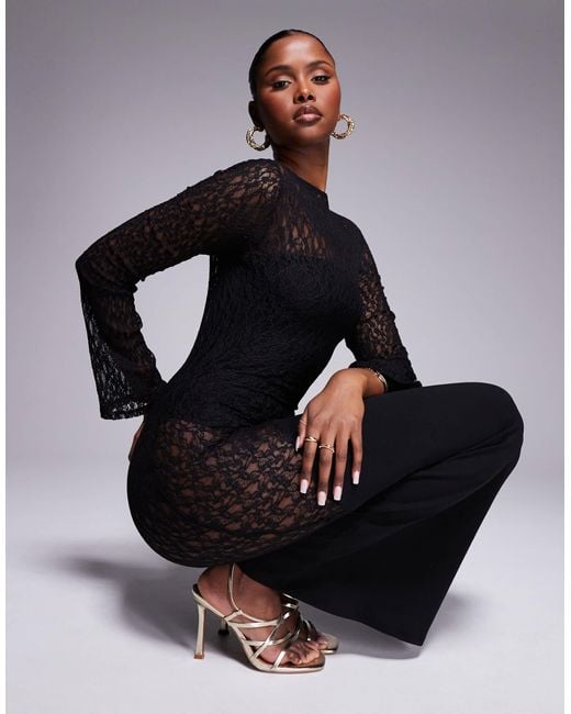 ASOS Long Sleeve Slash Neck Spliced Lace Mix Maxi Dress in Black | Lyst