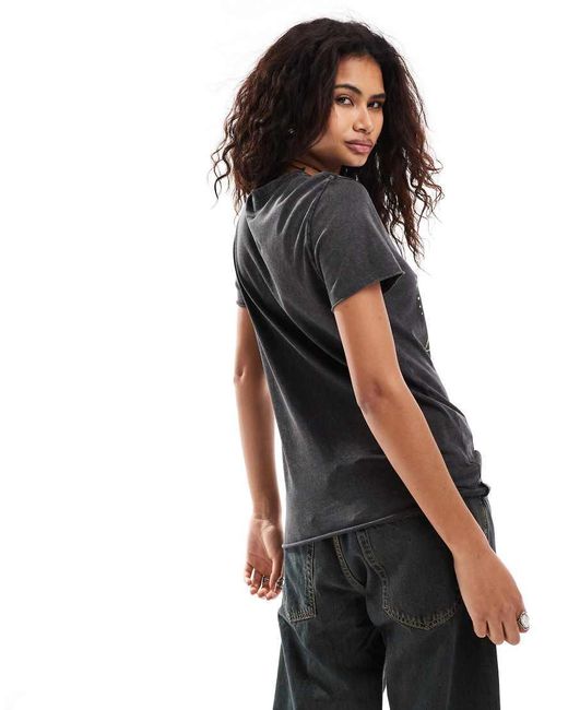 ONLY Black Acid Wash Lotus Motif T-Shirt