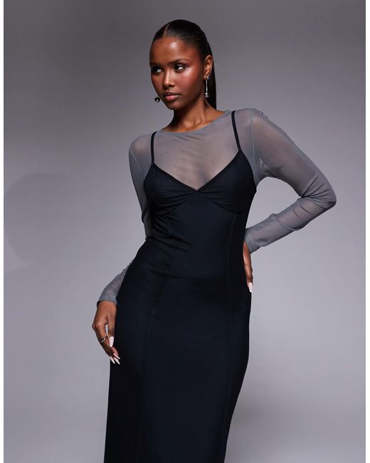 ASOS Blue Mesh Double Layer Corset Maxi Dress With Seaming Detail