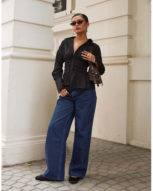 Princess Polly Blue As You Are Shirred Waist Button Up Shirt