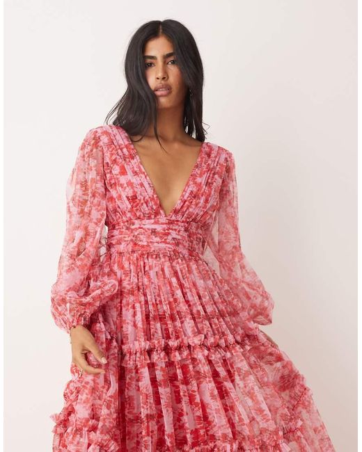 LACE & BEADS Pink Long Sleeve Maxi Dress