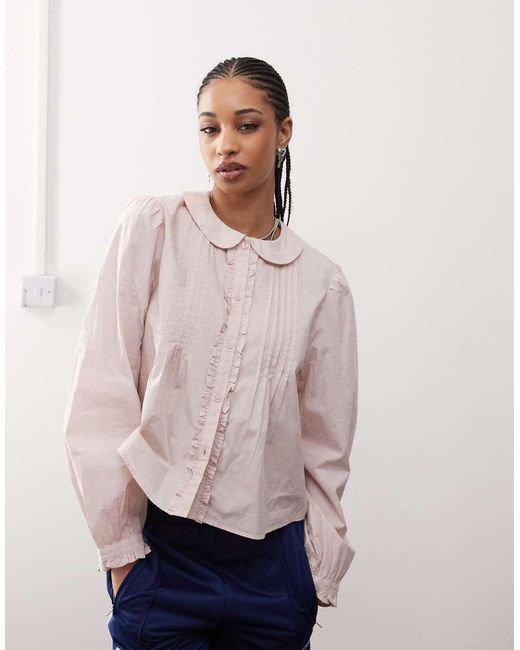 Monki Pink Long Sleeve Frill Collared Shirt Blouse