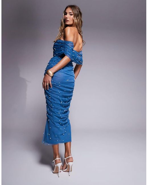 ASOS Blue Embellished Pearl Mesh Bardot Ruched Midi Dress