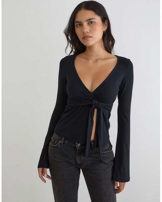 Motel Black Lamae Wrap Detail Long Sleeve Top