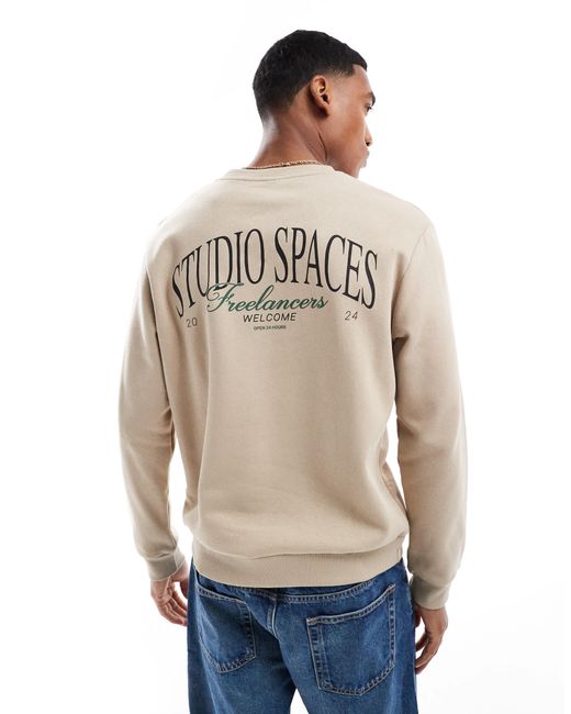 Jack & Jones Natural Oversize Sweatshirt With Studio Spaces Print for men