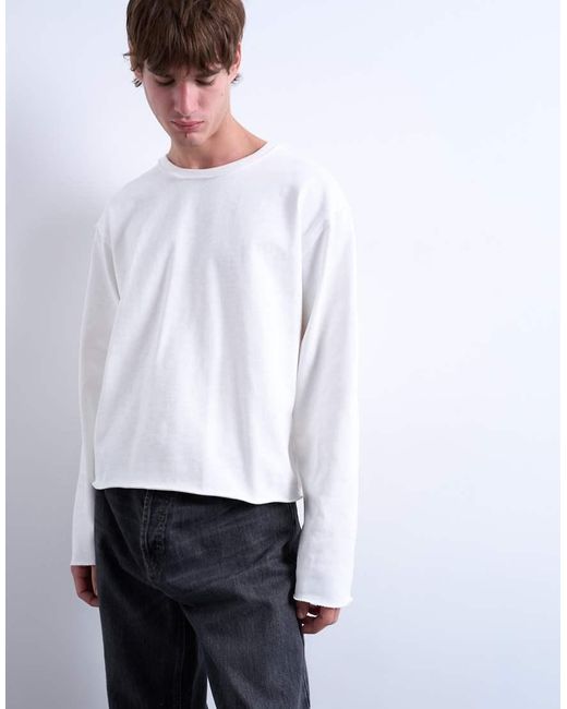 Topman White Long Sleeved Heavy Weight Slub Raw Edge Tee for men