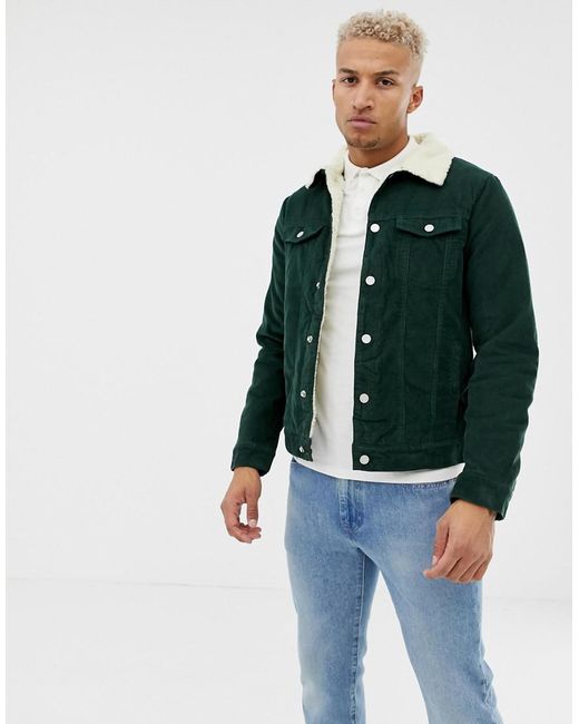 Pull&Bear Fleece Lined Cord Jacket In Green for Men | Lyst Australia