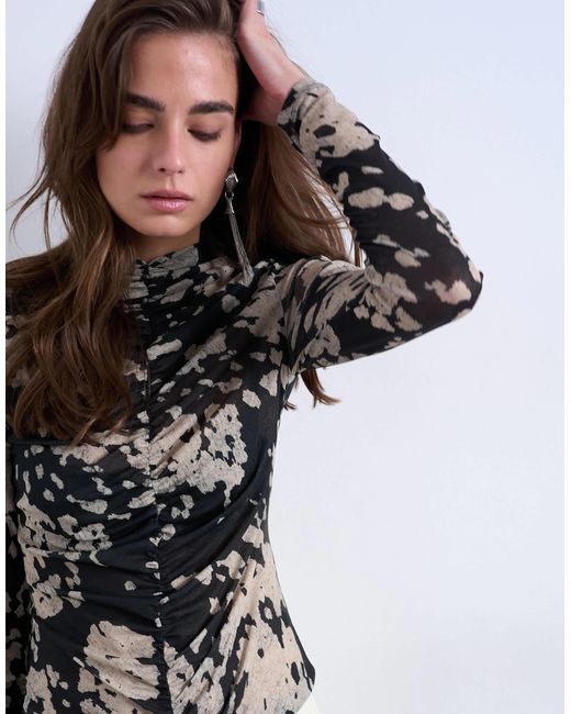 TOPSHOP Black Animal Mono Spot Print Ruched Long Sleeve Top