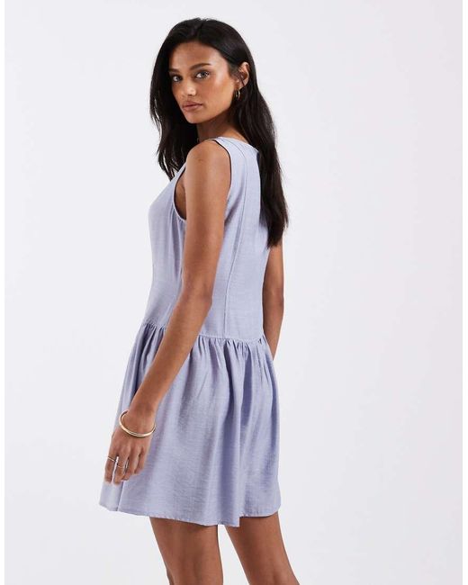 Brave Soul Blue Slash Neck Button Down Dropped Waist Mini Dress