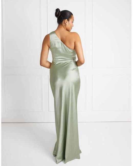 Six Stories Green One Shoulder Satin Ruched Bridesmaid Dress