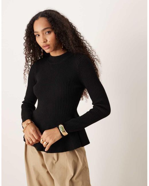 Mango Natural Ribbed Knitted Top With Peplum Hem