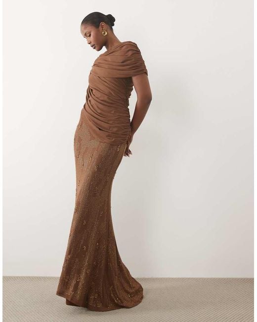 ASOS Brown Draped One Shoulder Maxi Dress With Hotfix Embellished Skirt