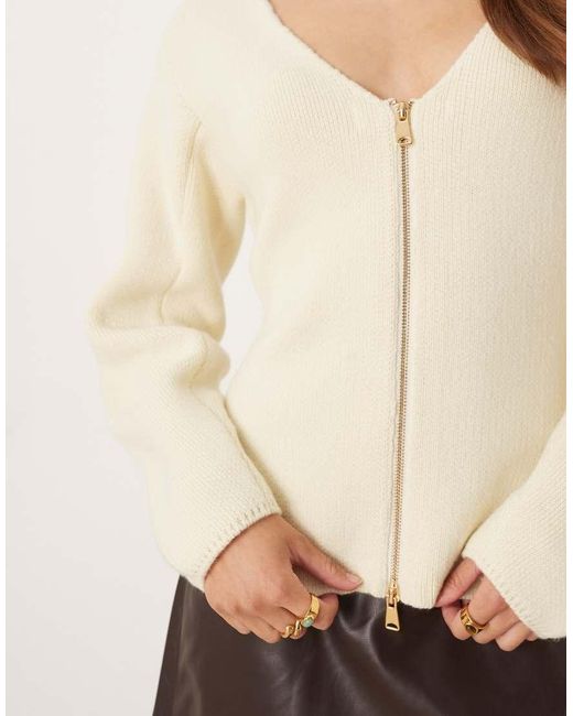 Mango Natural V Neck Zip Through Cardigan