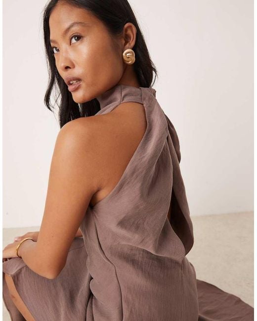 ASOS Brown Asos Design Petite High Neck Asymmetric Maxi Dress With Thigh Split