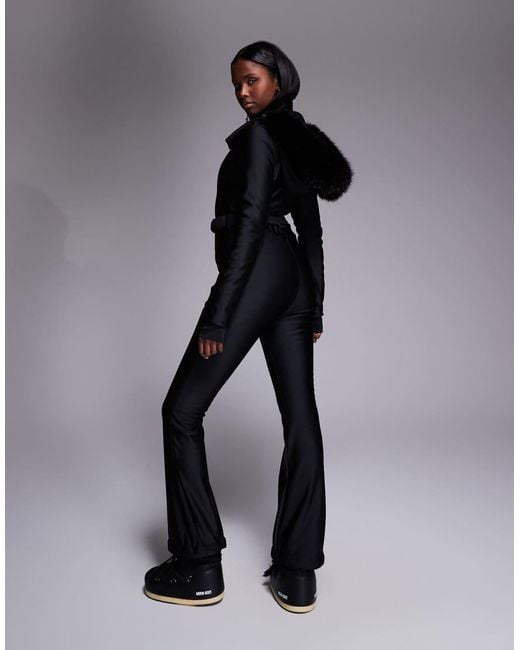 ASOS 4505 Ski & Snow Black Asos 4505 Ski Soft Shell Belted Ski Suit With Slim Kick Leg And Faux Fur Hood