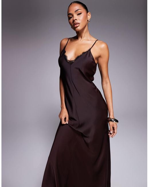 ASOS Purple V Neck Lace Trim Satin Slip Maxi Dress