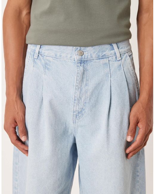 ASOS Natural Long Length Double Pleated Denim Jort for men