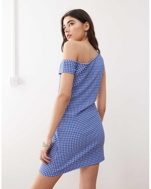 Collusion Blue Gingham Off Shoulder Mini Dress