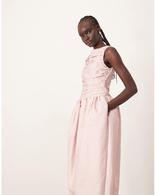 ARRANGE Pink Structured Satin Cinched Waist Maxi Dress