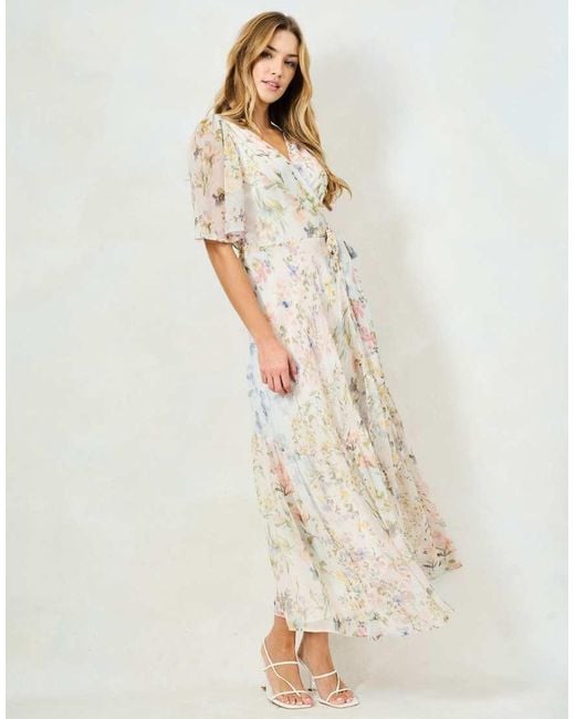 Hope & Ivy Natural The Haven Flutter Sleeve Maxi Wrap Dress With Tie Waist
