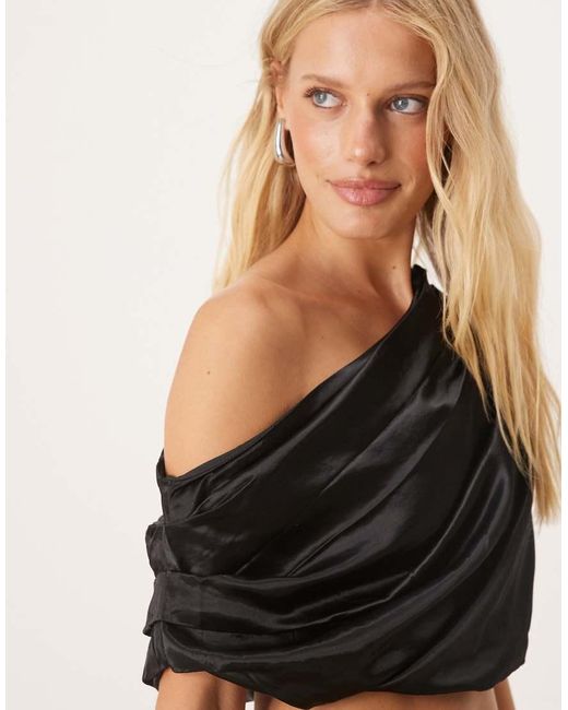SNDY'S Black Satin One Shoulder Ruched Drape Top Co-ord