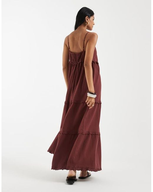 Vero Moda Red Cotton Cami Tie Maxi Dress With Scallop Edge Detail