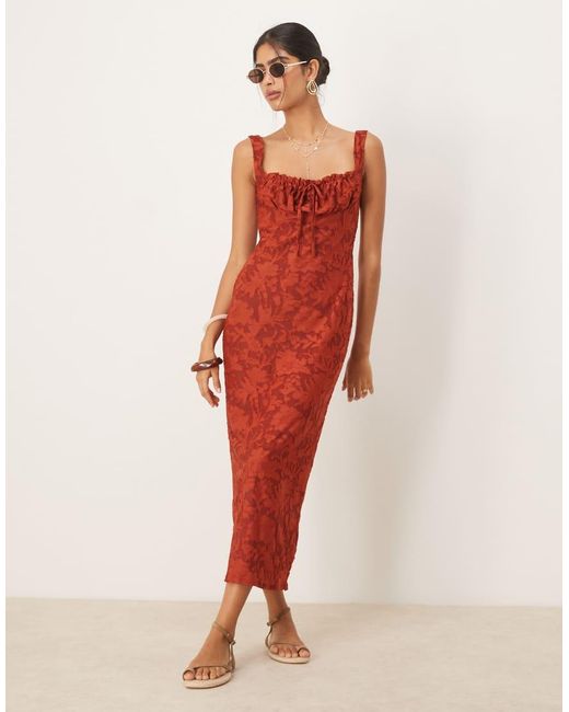 ASOS Red Ruched Bust Corset Detail Midi Dress