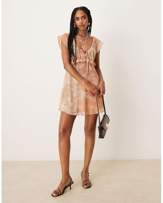 ASOS Natural – minikleid aus chiffon mit flatterärmeln und blumenmuster