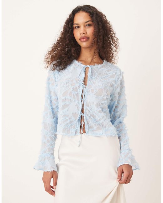 Vila Blue Long Sleeved Feathered Tie Front Top