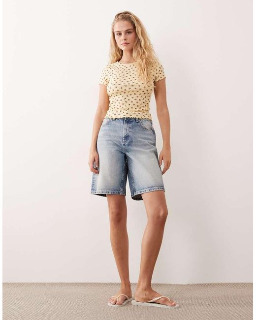 Miss Selfridge Blue Ditsy Print Short Sleeve Ribbed Lettuce Edge T-Shirt
