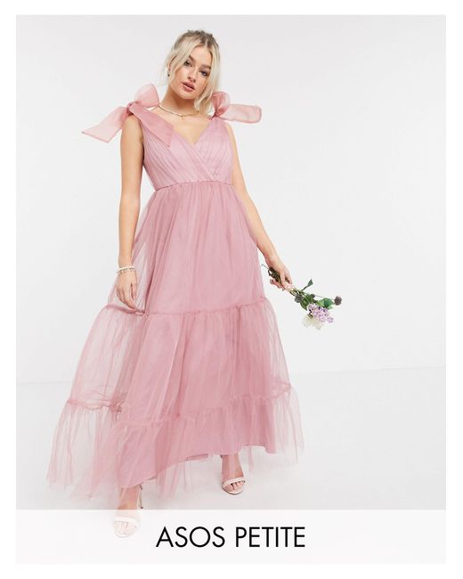 ASOS Asos Design Petite Tulle Bow Tie Tiered Maxi Dress in Pink - Lyst