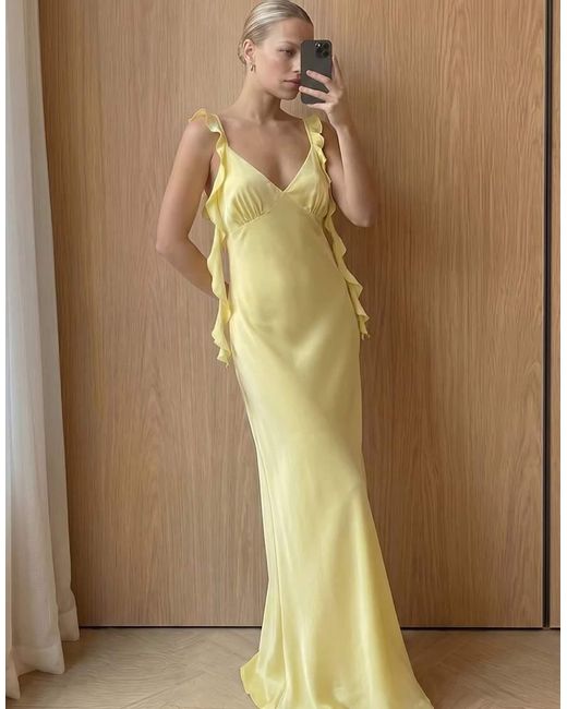 NA-KD Yellow Satin Ruffle Shoulder Maxi Dress
