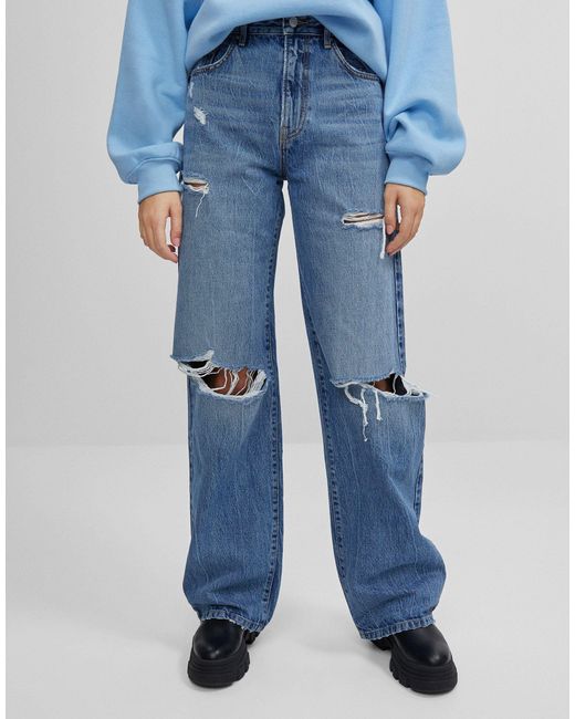 Bershka Denim 90's Jeans Met Scheuren in het Blauw | Lyst NL