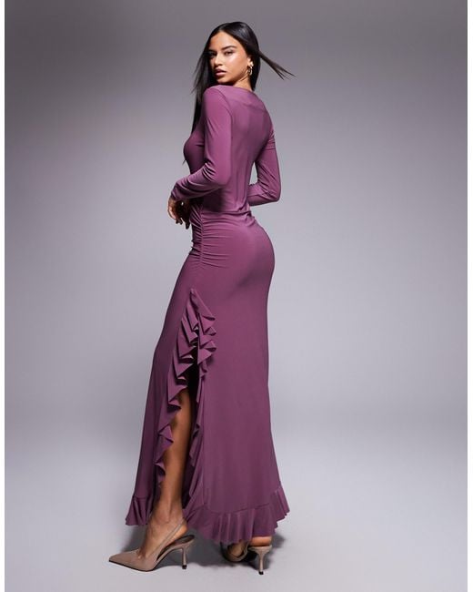 ASOS Long Sleeve Frill Detail A Line Maxi Dress in Purple | Lyst