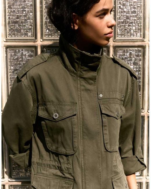Bershka Green Parka Jacket With Pockets And Funnel Neck