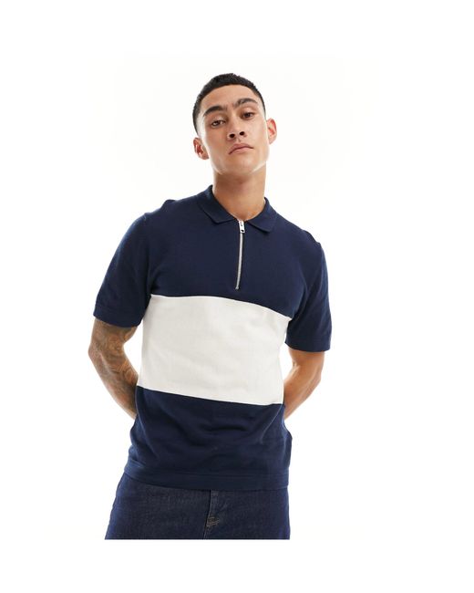 Jack & Jones Blue Knitted Polo With Zip for men