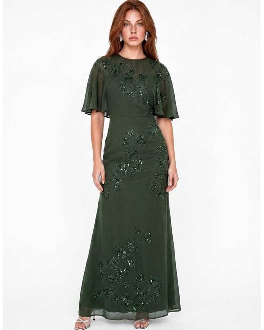 Maya Green Floral Embellished Angel Sleeve Maxi Dress