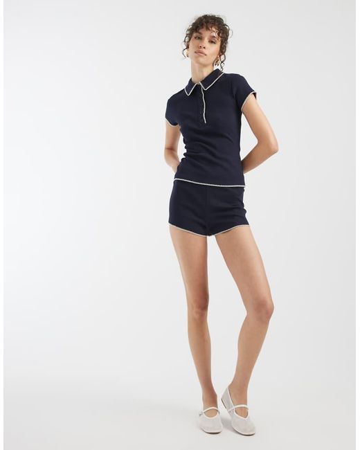 ASOS Blue Shrunken Polo With Blanket Stitch Detail