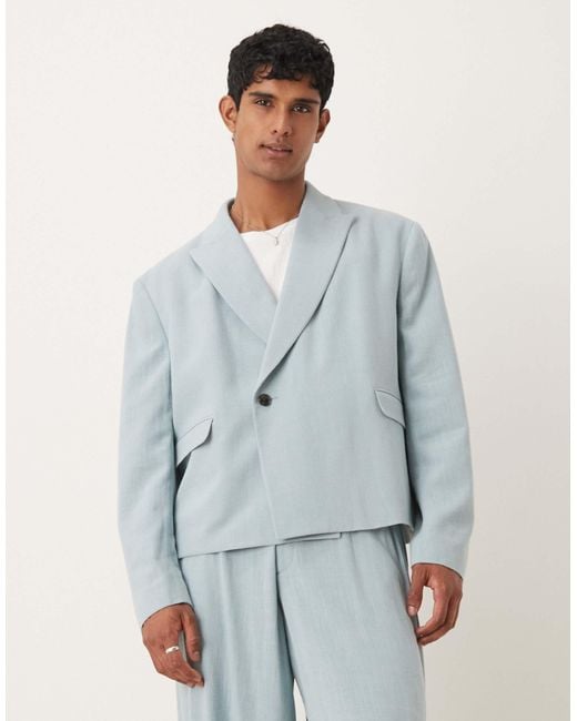 ASOS Blue Boxy Linen Blend Suit Jacket for men