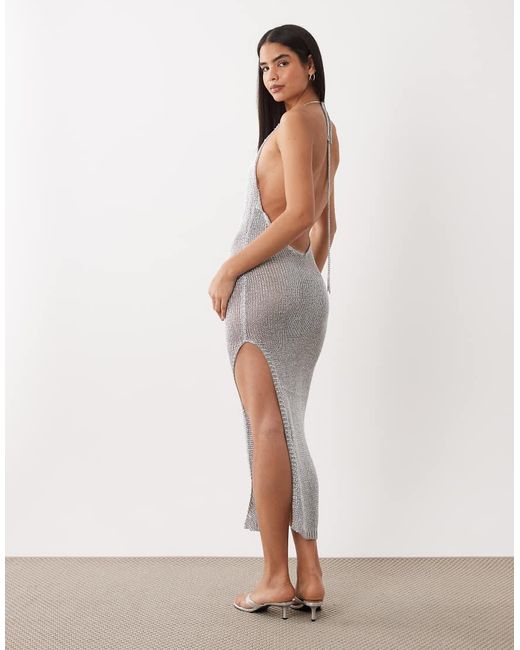 Kaiia Gray Exclusive Metallic Crochet Thigh Split Maxi Dress
