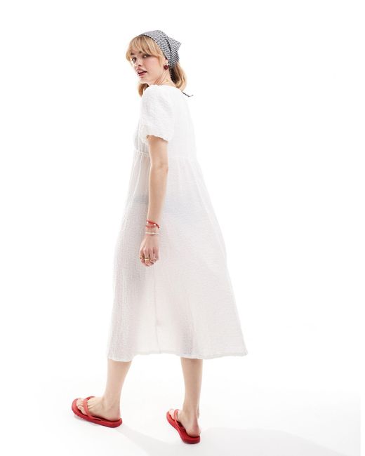 Glamorous White Textured V-neck Midi Dress