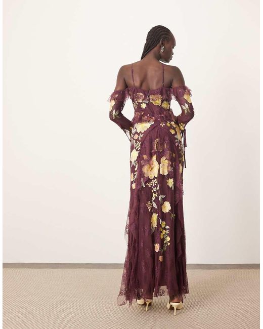 ARRANGE Geborduurde Maxi Jurk Met Kant, Halternek, Blote Schouders En Ruches in het Pink