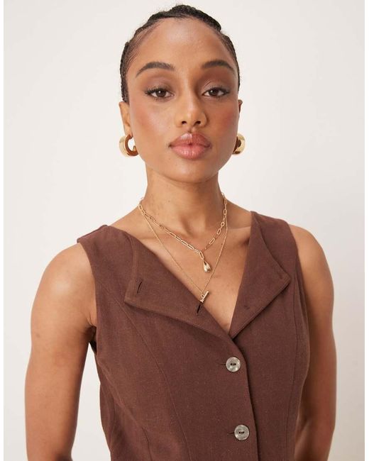 ASOS Brown Asos Design Tall Linen Waistcoat Detail Midi Dress