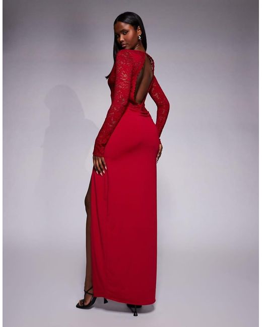 Oh Polly Red Lace Plunge Neck Long Sleeve Maxi Dress